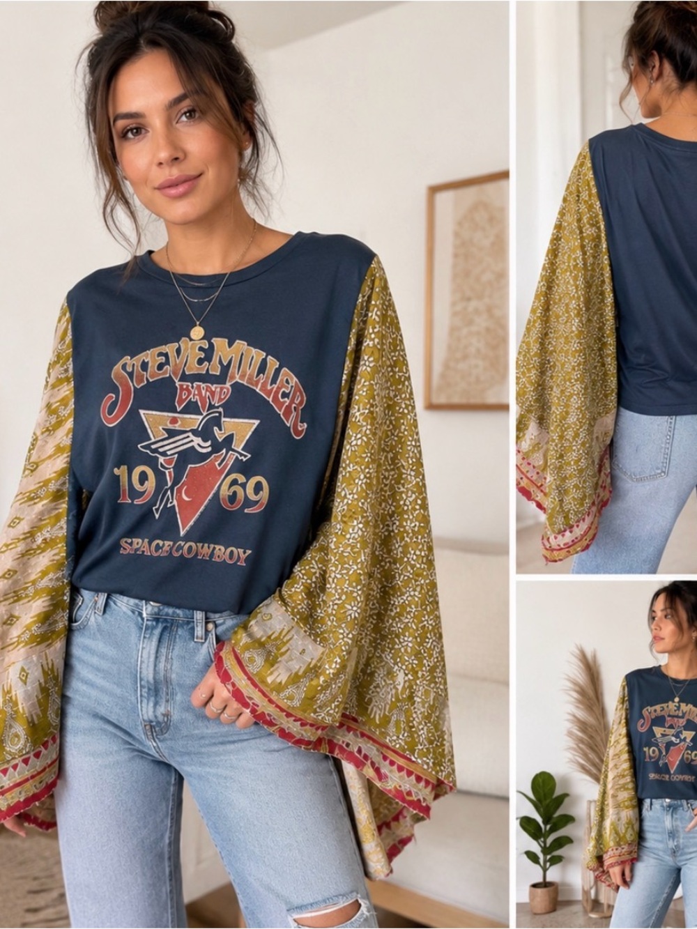 Upcycled Kantha graphic Band T-shirt Poncho Steve Miller Band